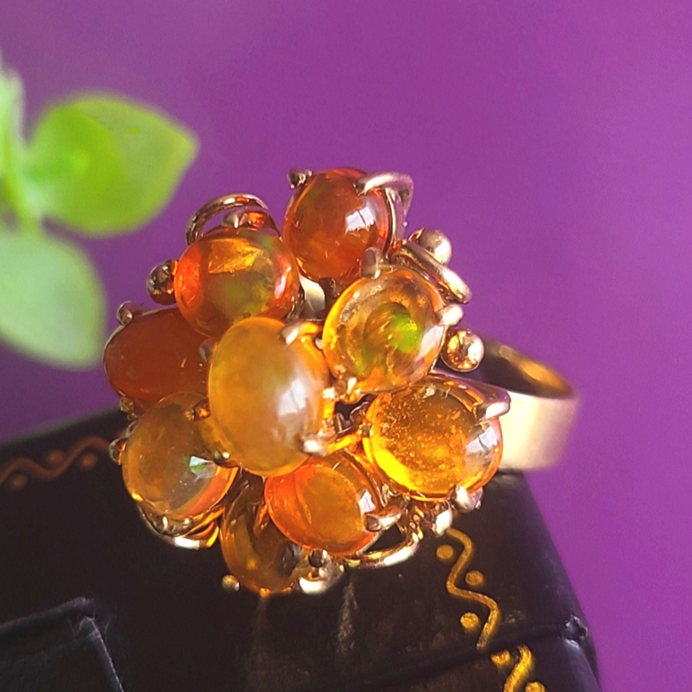 STUNNING** Vintage Mexican Fire Opal 14kt Yellow Gold Cluster Ring- Sz-8.5